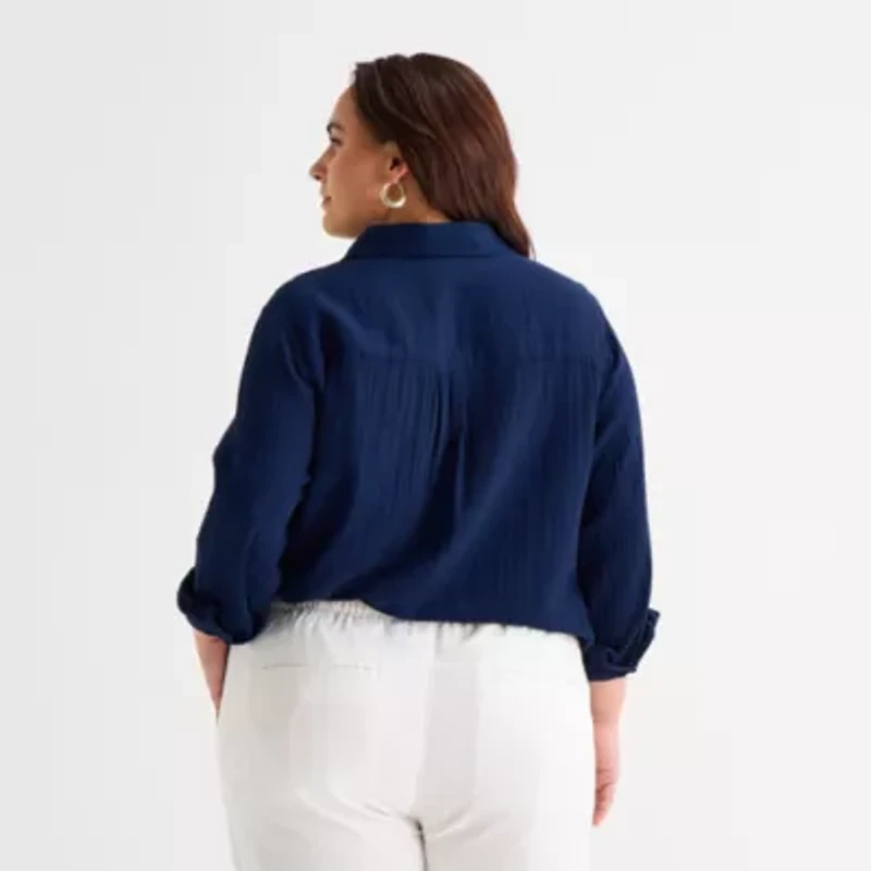 St. John's Bay Womens Plus Long Sleeve Relaxed Fit Button-Down Shirt