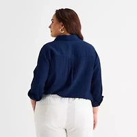 St. John's Bay Womens Plus Long Sleeve Relaxed Fit Button-Down Shirt