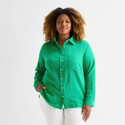 St. John's Bay Womens Plus Long Sleeve Relaxed Fit Button-Down Shirt