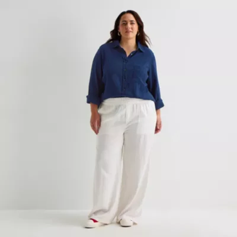 St. John's Bay Womens Plus Long Sleeve Relaxed Fit Button-Down Shirt