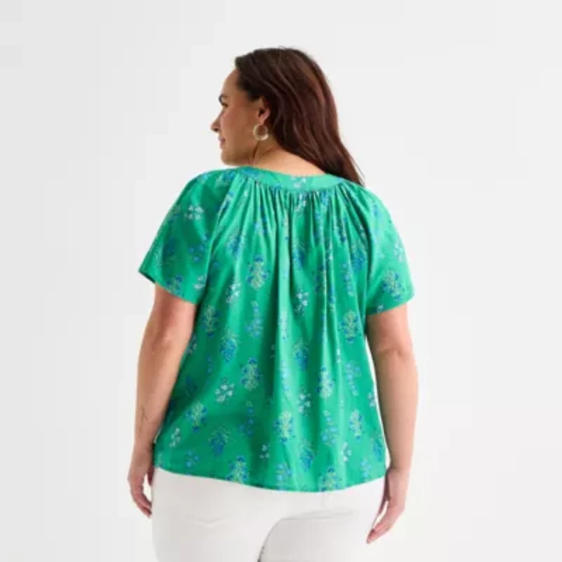 St. John's Bay Womens Plus V Neck Short Sleeve Blouse