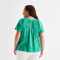 St. John's Bay Womens Plus V Neck Short Sleeve Blouse