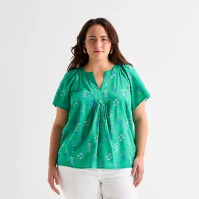 St. John's Bay Womens Plus V Neck Short Sleeve Blouse