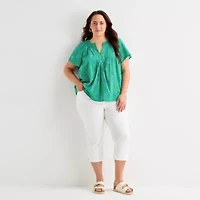 St. John's Bay Womens Plus V Neck Short Sleeve Blouse
