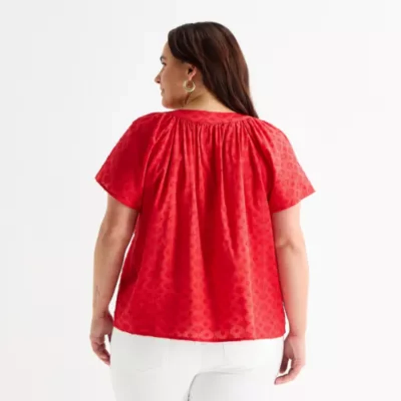 St. John's Bay Womens Plus V Neck Short Sleeve Blouse