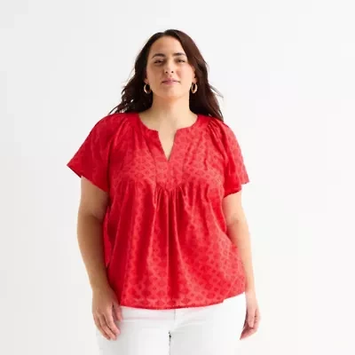 St. John's Bay Womens Plus V Neck Short Sleeve Blouse