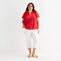 St. John's Bay Womens Plus V Neck Short Sleeve Blouse