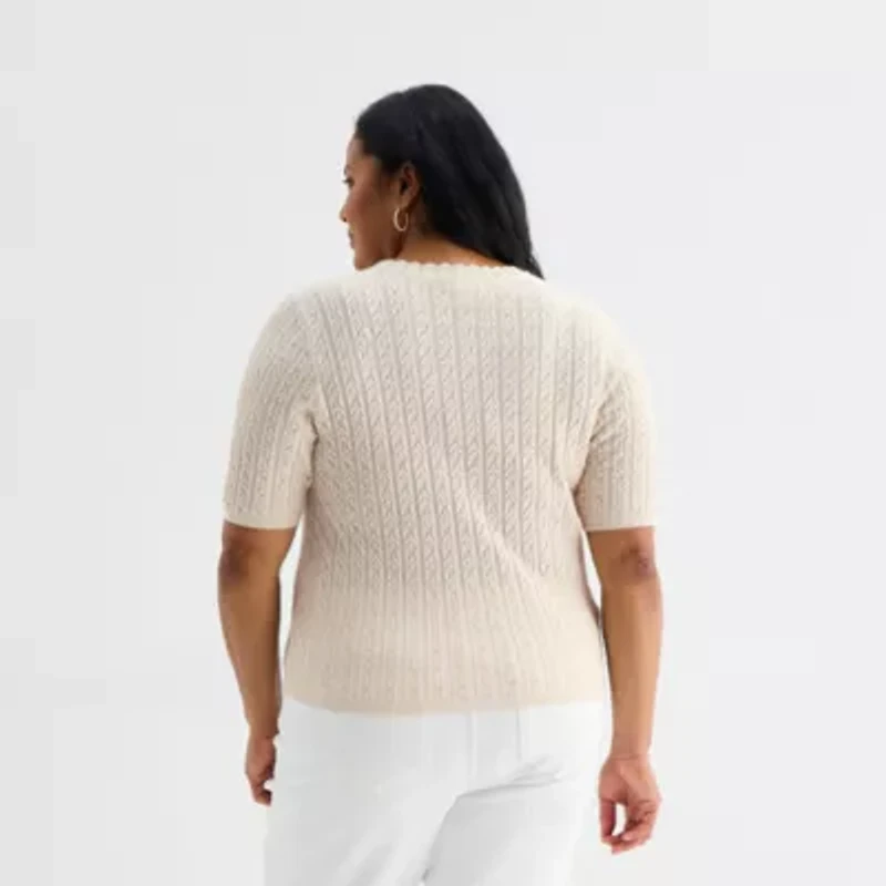 Liz Claiborne Plus Womens Scallop Neck Short Sleeve Pullover Sweater