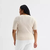 Liz Claiborne Plus Womens Scallop Neck Short Sleeve Pullover Sweater