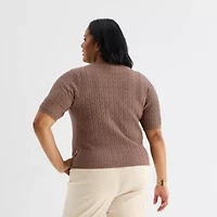 Liz Claiborne Plus Womens Scallop Neck Elbow Sleeve Pullover Sweater