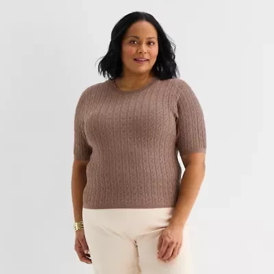 Liz Claiborne Plus Womens Scallop Neck Elbow Sleeve Pullover Sweater