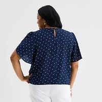 Liz Claiborne Womens Plus Round Neck Short Sleeve Blouse