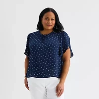 Liz Claiborne Womens Plus Round Neck Short Sleeve Blouse