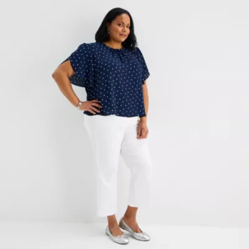 Liz Claiborne Womens Plus Round Neck Short Sleeve Blouse