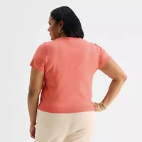 Liz Claiborne Plus Womens Crew Neck Short Sleeve Pullover Sweater