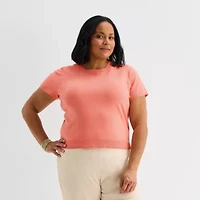 Liz Claiborne Plus Womens Crew Neck Short Sleeve Pullover Sweater