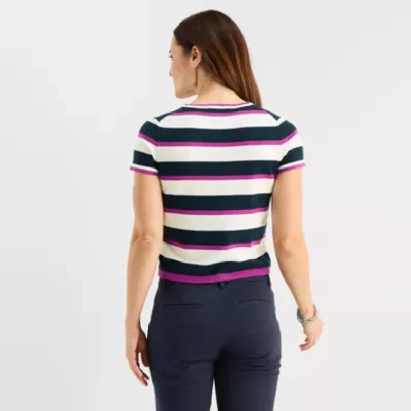 Liz Claiborne Petite Womens Crew Neck Short Sleeve Striped Pullover Sweater