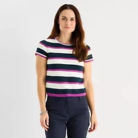 Liz Claiborne Petite Womens Crew Neck Short Sleeve Striped Pullover Sweater