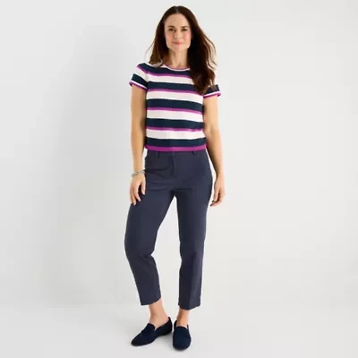 Liz Claiborne Petite Womens Crew Neck Short Sleeve Striped Pullover Sweater