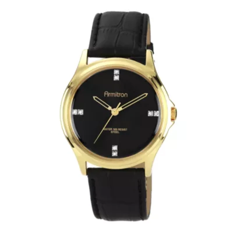 Armitron® Mens Crystal-Accent Black Leather Strap Watch