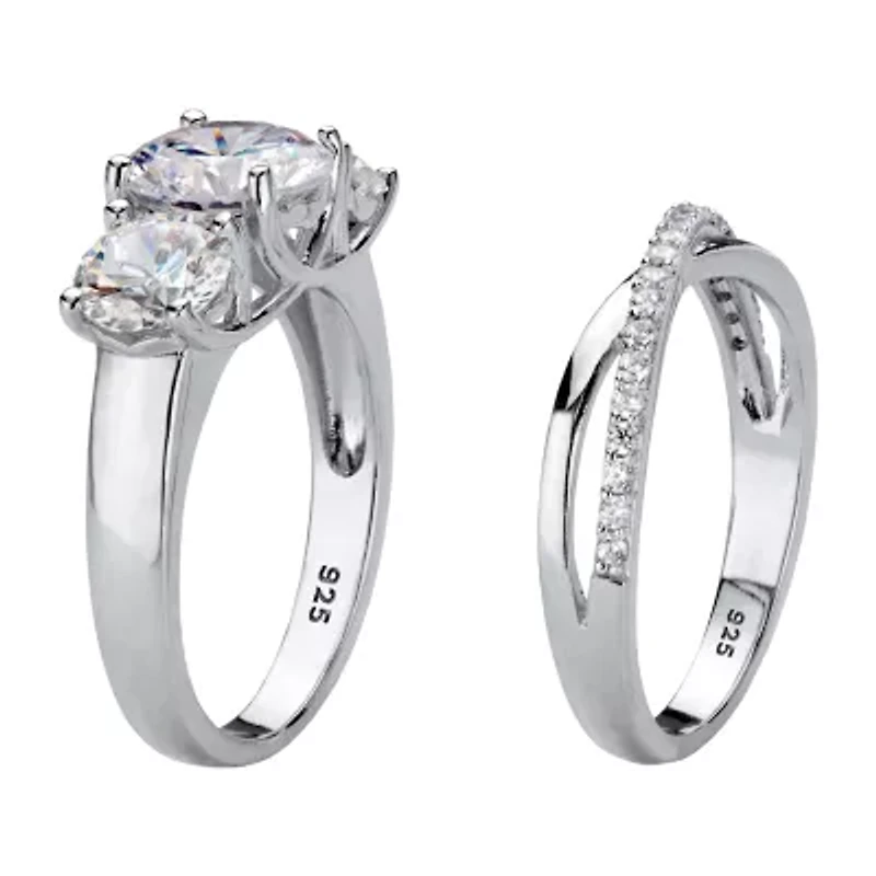 DiamonArt® Womens 1 / CT. T.W. White Cubic Zirconia Platinum Over Silver Round Bridal Set