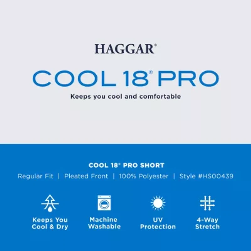 Haggar Cool 18 Pro Pleated Mens 9 1/2" Stretch Fabric Moisture Wicking Quick Dry Chino Short