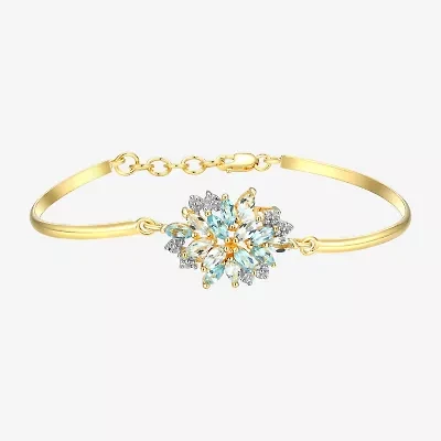 Womens Genuine Blue Topaz 18K Gold Over Silver Flower Bangle Bracelet