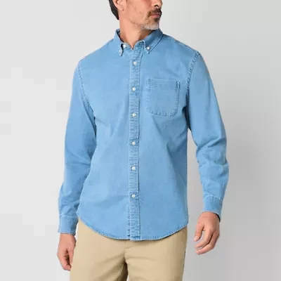 St. John's Bay Denim Mens Long Sleeve Cuffed Classic Fit Button-Down Shirt