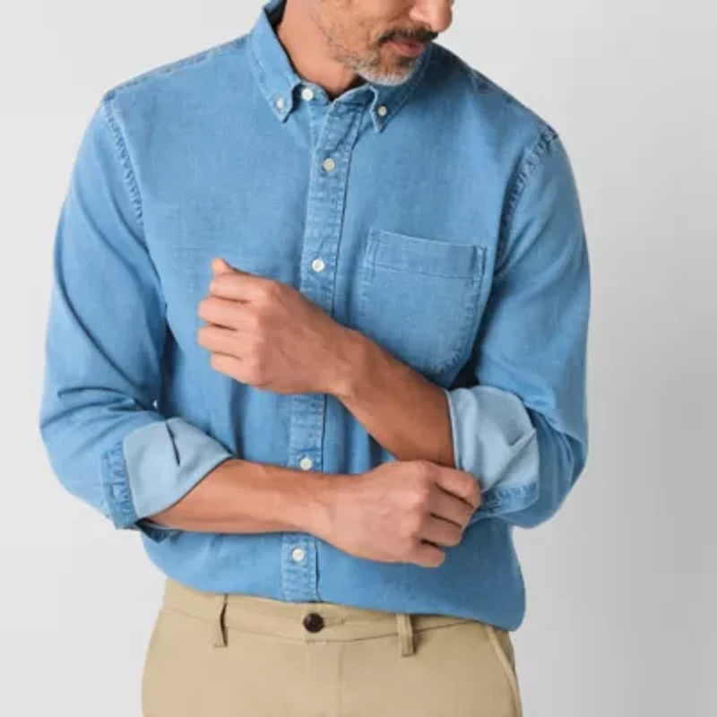 St. John's Bay Denim Mens Long Sleeve Classic Fit Button-Down Shirt