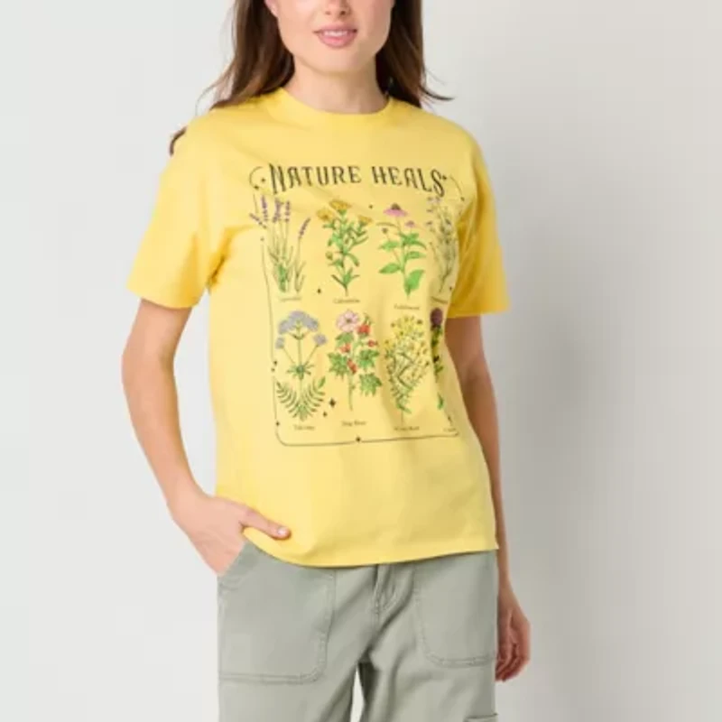Nature Heals Botanical Flora Boyfriend Tee Womens Crew Neck Short Sleeve Regular Fit Juniors Graphic T-Shirt