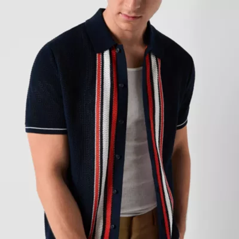 J. Ferrar Button-Front Mens Short Sleeve Pullover Sweater