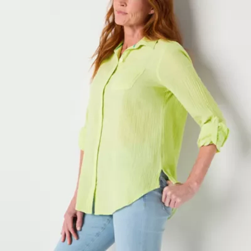 St. John's Bay Womens Roll Tab Long Sleeve Regular Fit Button-Down Shirt
