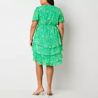 Studio 1 Womens Plus Short Sleeve Floral Midi Fit + Flare Dress