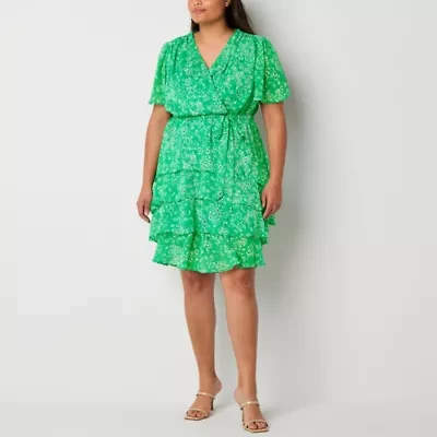 Studio 1 Womens Short Sleeve Floral Midi Plus Fit + Flare Dress