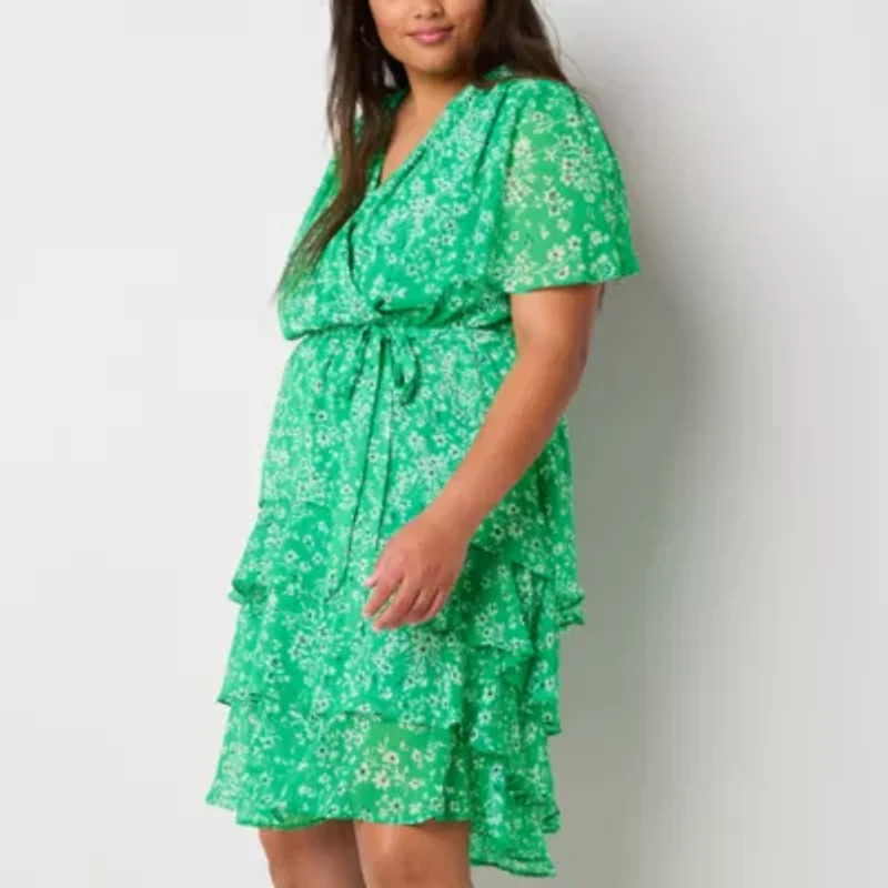 Studio 1 Womens Plus Short Sleeve Floral Midi Fit + Flare Dress