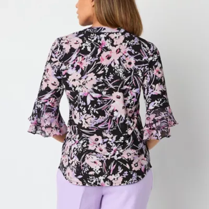 Black Label by Evan-Picone Floral Womens Split Crew Neck 3/4 Sleeve Blouse