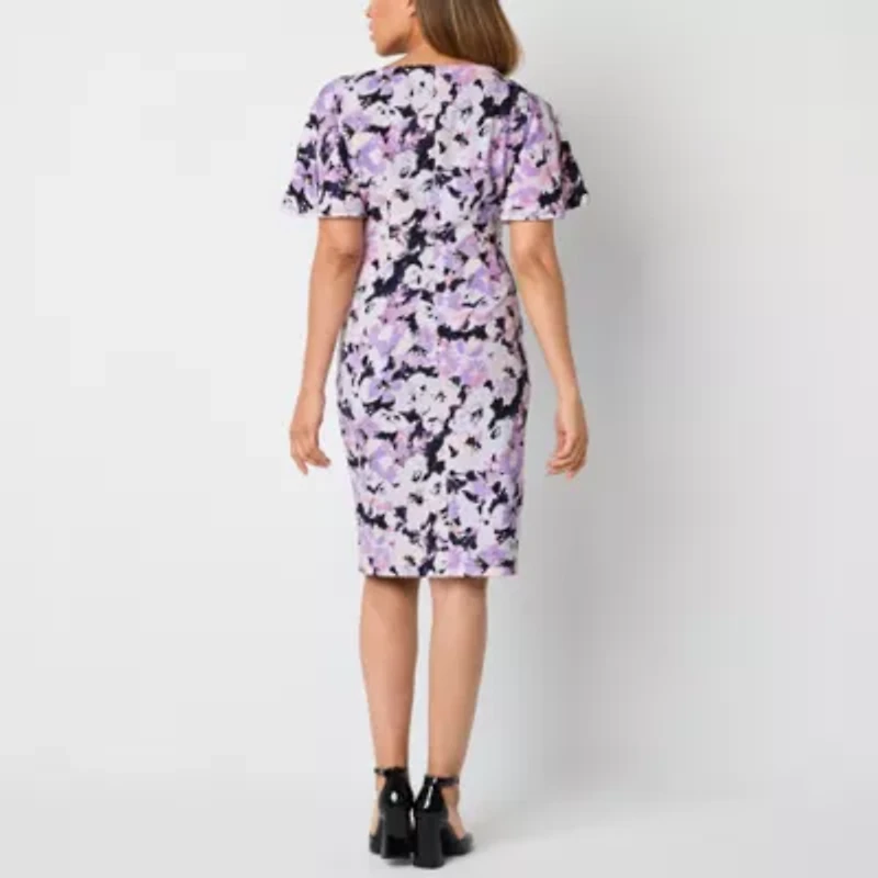 Black Label by Evan-Picone Womens Short Sleeve Floral Sheath Dress