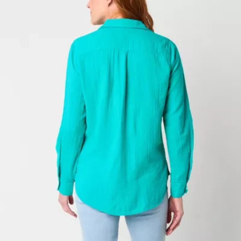 St. John's Bay Womens Roll Tab Long Sleeve Regular Fit Button-Down Shirt