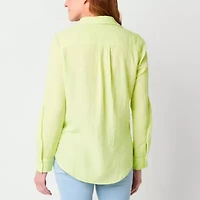 St. John's Bay Womens Roll Tab Long Sleeve Regular Fit Button-Down Shirt