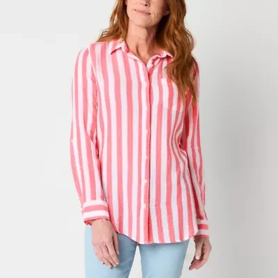 St. John's Bay Womens Roll Tab Long Sleeve Regular Fit Button-Down Shirt