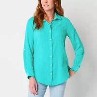 St. John's Bay Womens Roll Tab Long Sleeve Regular Fit Button-Down Shirt