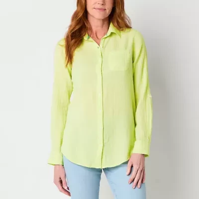 St. John's Bay Womens Roll Tab Long Sleeve Regular Fit Button-Down Shirt