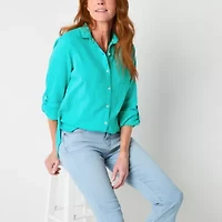 St. John's Bay Womens Roll Tab Long Sleeve Regular Fit Button-Down Shirt