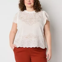 a.n.a Womens Crew Neck Short Sleeve Embroidered Plus Blouse