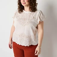 a.n.a Womens Crew Neck Short Sleeve Embroidered Plus Blouse