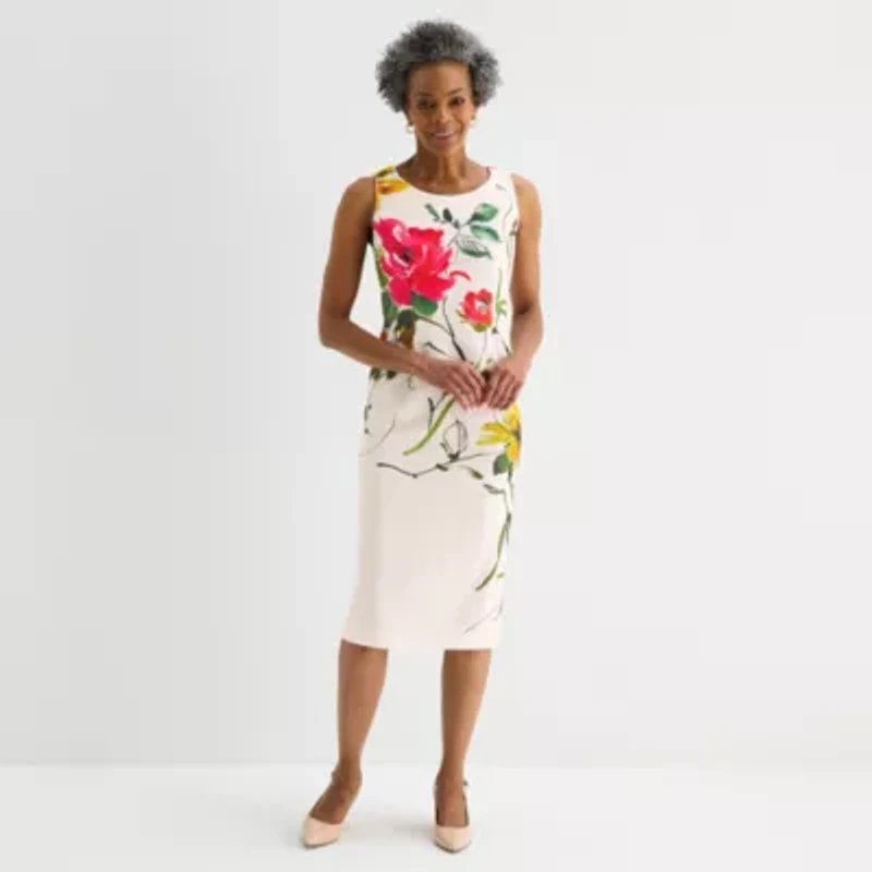 Maya Brooke Womens Round Neck Sleeveless Floral Jacket Dress