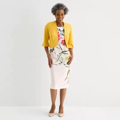 Maya Brooke Womens Round Neck Sleeveless Floral Jacket Dress