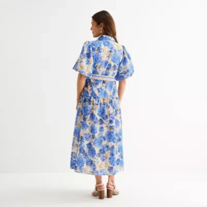 Melonie T Womens Belted Short Sleeve Midi Floral Shirt Dress