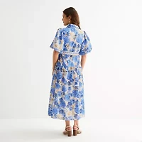 Melonie T Womens Belted Short Sleeve Midi Floral Shirt Dress