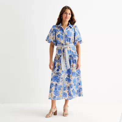Melonie T Womens Belted Short Sleeve Midi Floral Shirt Dress